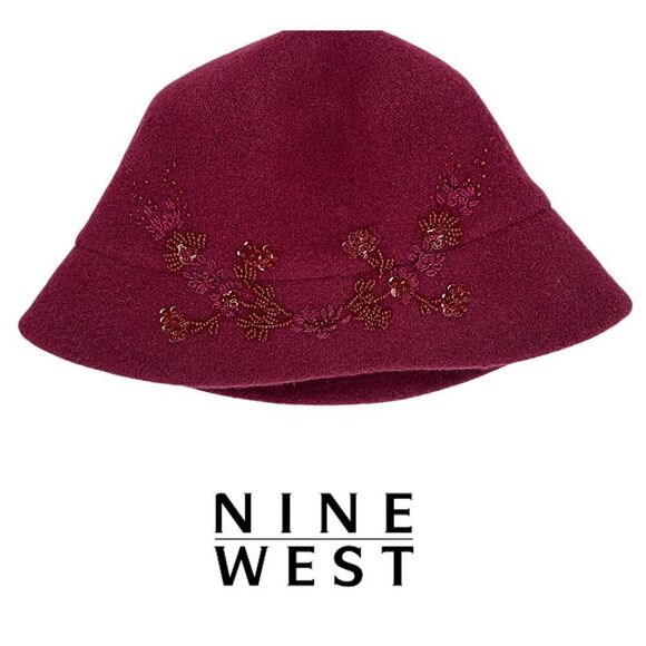 Nine West Wool Blend Cloche Hat – Burgundy with Floral Sequin Detail - Picture 2 of 6
